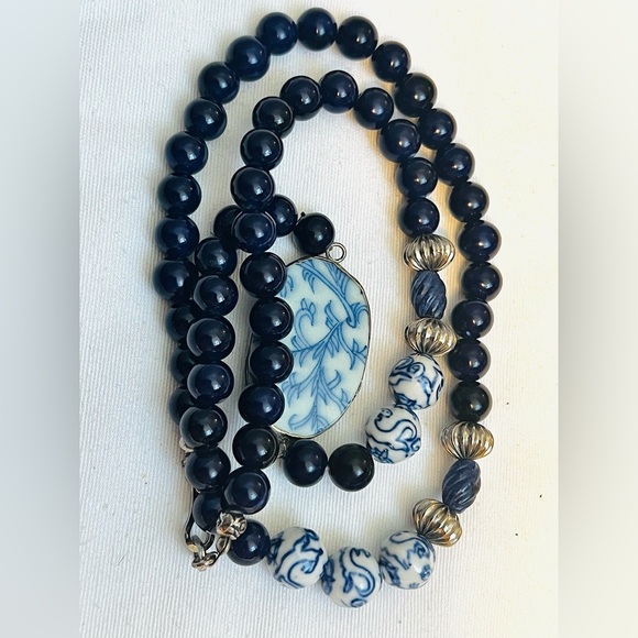 Handmade Chinoiserie Porcelain Pendant Necklace Blue White 26" Artisan - Picture 6 of 6